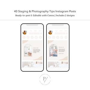 May include: Two mockups of Instagram posts with a light brown background and a white archway. The posts feature interior design tips for staging and photography. The text reads "Staging Tip" and includes a description of the tip. The posts are designed for use with Canva.