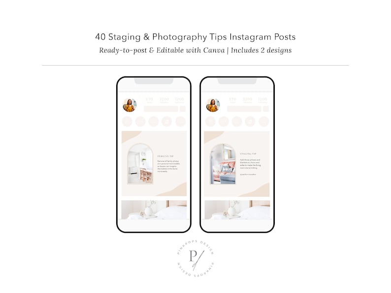 May include: Two mockups of Instagram posts with a light brown background and a white archway. The posts feature interior design tips for staging and photography. The text reads "Staging Tip" and includes a description of the tip. The posts are designed for use with Canva.