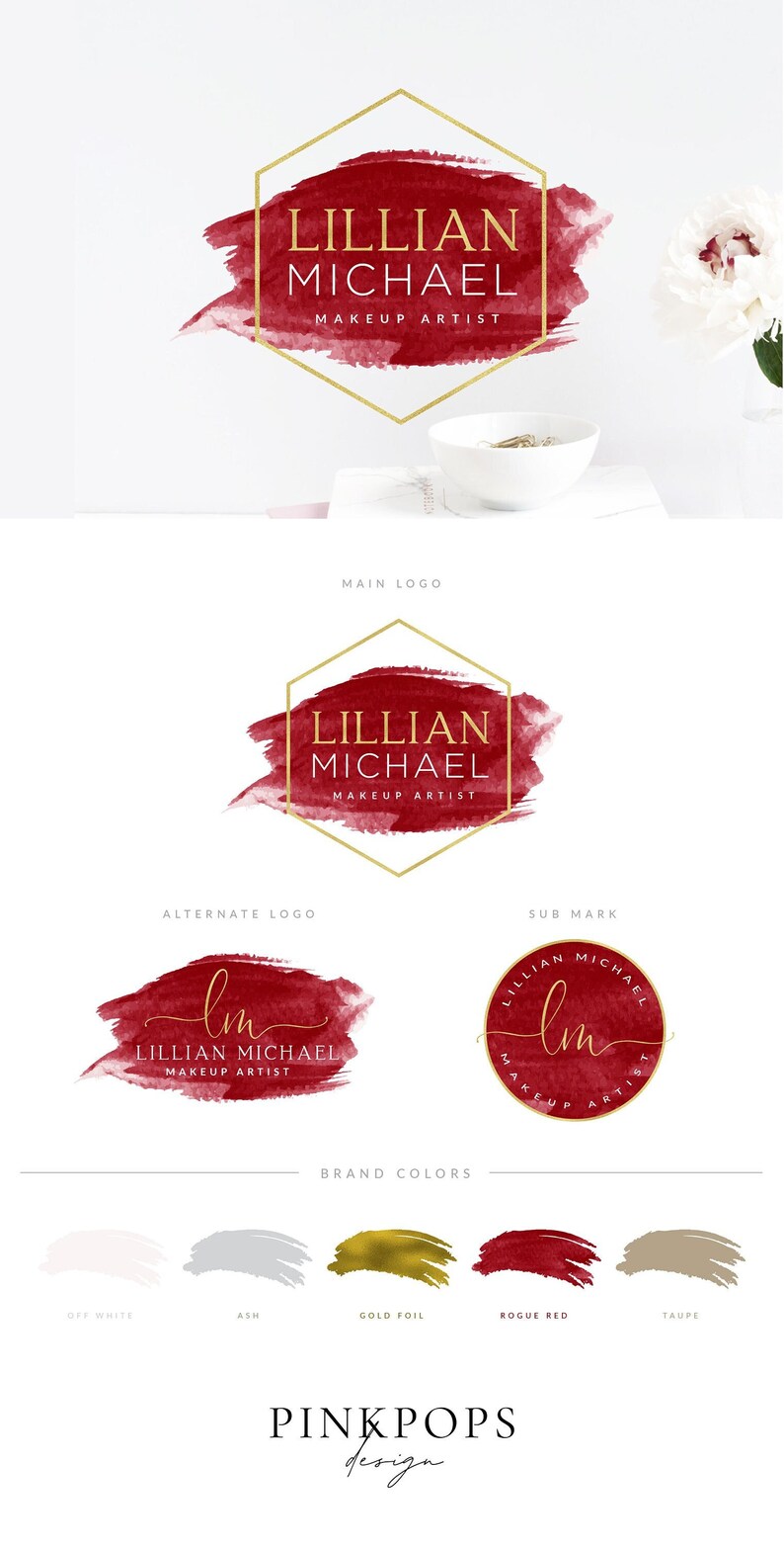 Makeup Artist Logo Gold Makeup Logo Red and Gold Logo Etsy