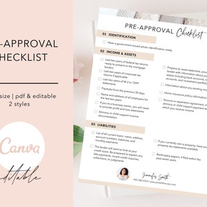 Op de afbeelding: Een pre-approval checklist voor een hypothecaire lening. De checklist omvat secties voor identificatie, inkomen en activa, en passiva. De checklist is in een lichtbruin en wit kleurenschema met een decoratieve rand.