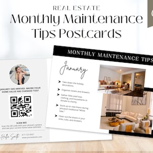 Cartões postais com dicas de manutenção mensal | Cartão postal de marketing imobiliário | Cartão postal com dicas de manutenção residencial | Agricultura imobiliária