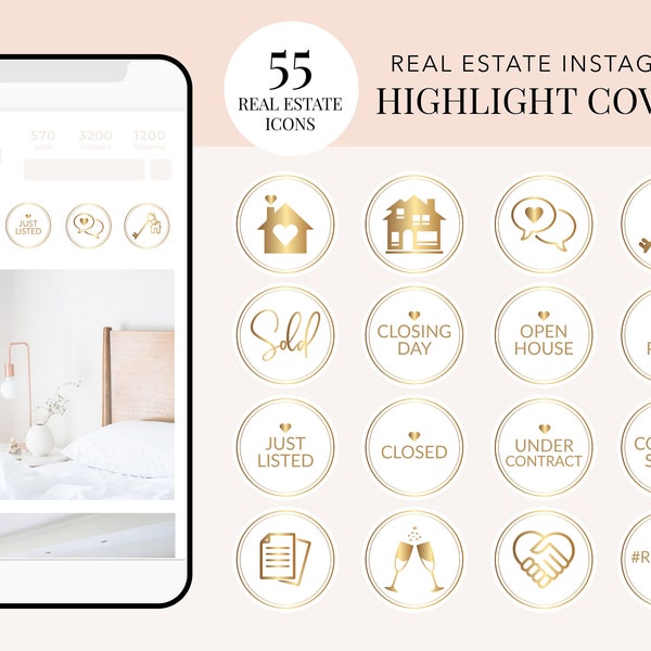 55 Real Estate Instagram Highlights, Gold Real Estate Instagram Story, Realtor Instagram Story, Real Estate IG Story Highlights