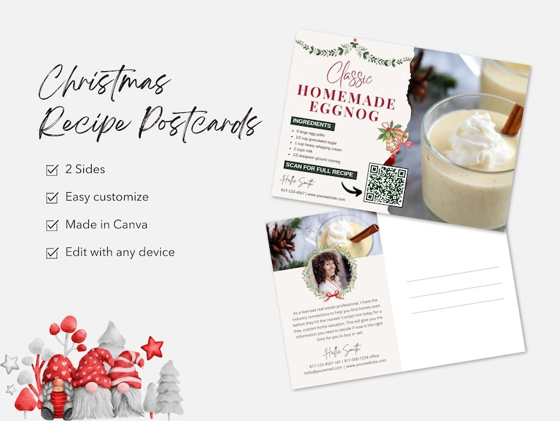 May include: A Christmas recipe postcard with a festive gnome illustration on the front and a recipe for classic homemade eggnog on the back. The back also includes a QR code to scan for the full recipe.