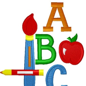 以下が含まれることがあります： A、B、Cの文字と、赤いリンゴ、青い絵筆、赤と黄色のクレヨンが描かれたカラフルなイラスト。文字はそれぞれ色が異なり、Aはオレンジ、Bは緑、Cは青です。