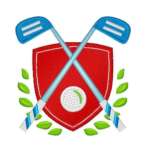 以下が含まれることがあります： ゴルフボールと交差した2本のゴルフクラブが描かれた赤い盾。盾は緑の葉で囲まれている