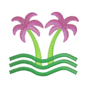 May include: Embroidered design of two pink palm trees with green trunks and green wavy lines representing water at the base.