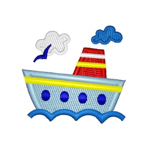 以下が含まれることがあります： 青と黄色の卡通船が、赤と黄色の煙突で青い波を航海しています。白と青の雲があります。青い鳥が船の上を飛んでいます。