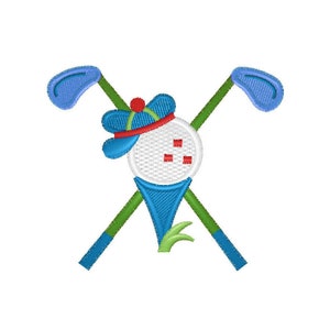 May include: Embroidered design of a golf ball wearing a blue baseball cap with a red brim, crossed golf clubs, and green grass.