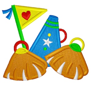 Puede incluir: Un conjunto de tres favores de fiesta, que incluyen un cuerno de fiesta azul y verde, una bandera amarilla con un corazón rojo y dos aletas naranja y blancas.