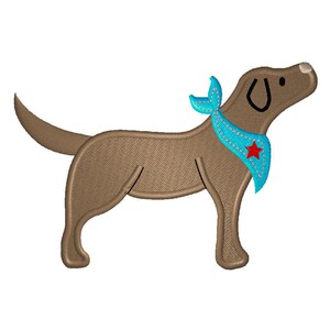 以下が含まれることがあります： 赤い星が付いた青いバンダナをした茶色の漫画の犬。犬は四つん這いで右を見ています。