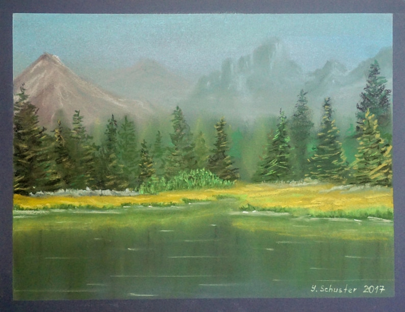 Dessin Original Au Pastel Paysage Peinture Mer Art De La Nature Paysage Bleu Montagnes
