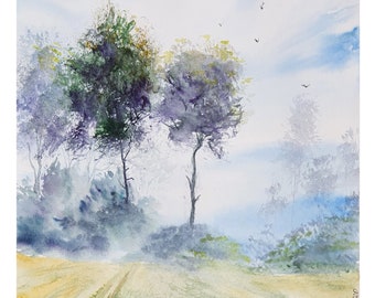 May include: A watercolor painting of a misty forest scene with two trees in the foreground and a dirt road leading into the distance. The sky is a light blue with a few white clouds and birds flying overhead.