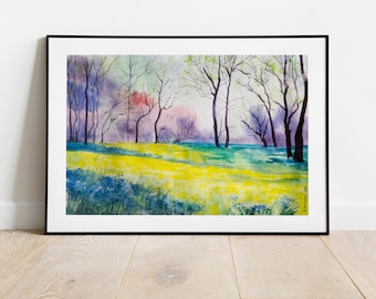May include: Watercolor painting of a forest scene with trees in the background and a field of yellow flowers in the foreground. The sky is a soft purple and blue.