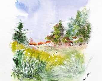 ORIGINAL WATERCOLOR: Summer memories. Watercolor Landscape, Tree, Original Watercolor Painting, Watercolors, Wall Art, Landscape