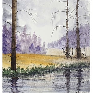 May include: Watercolour painting depicting a misty woodland scene with bare trees and a lake in the foreground. The trees are silhouetted against a purple and grey sky, and the lake is a light blue colour. The painting has a peaceful and serene atmosphere.