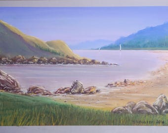 Original Wall Art. ORIGINAL pastel drawing / landscape painting, sea, nature art, blue landscape, montains