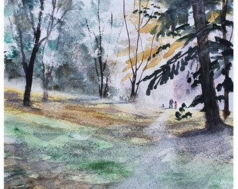 May include: A watercolor painting of a path through a forest. The path is lined with trees and leads to a clearing where two people are walking a dog. The painting is done in shades of green, brown, and blue.