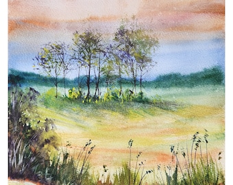 May include: Watercolor painting of a landscape with a group of trees in the middle ground and a field of tall grass in the foreground. The sky is a soft orange and blue.