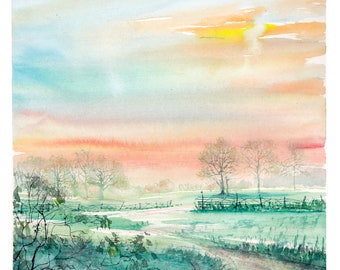 May include: A watercolor painting of a winding dirt road leading through a field with trees in the background. The sky is a soft blend of blue, pink, and yellow, creating a peaceful and serene atmosphere.