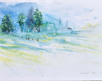ORIGINAL WATERCOLOR: Summer memories. Watercolor Landscape, Tree, Original Watercolor Painting, Watercolors, Wall Art, Landscape