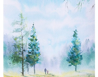 May include: A watercolor painting of a misty forest scene with two figures walking on a path. The trees are green and the sky is a light blue. The painting is signed "Y. Schunter 2022".