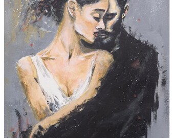 May include: A painting of a couple embracing. The woman is wearing a white dress and has her hair pulled back. The man is wearing a black suit and has his arm around the woman's waist. The background is a light gray with a speckled texture.