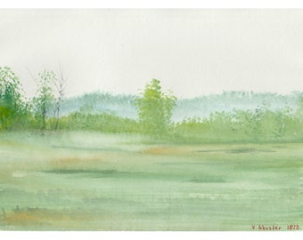 May include: A watercolor painting of a misty green landscape with trees in the background. The sky is a light gray and the ground is a light green.