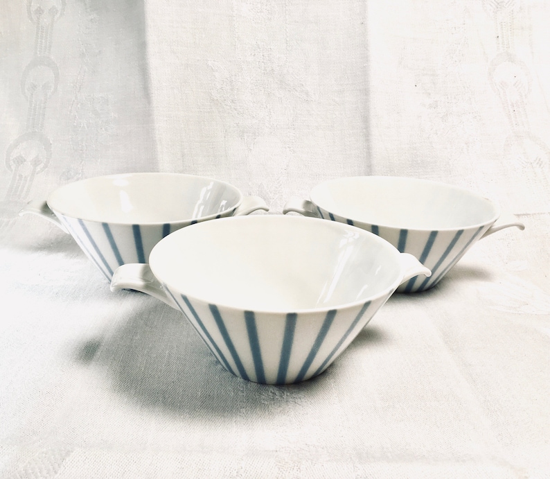 Set of 3 German Vintage Bowls Sch\u00f6nwald 50ies Midcentury L\u00f6ffelhardt Blue Stripes
