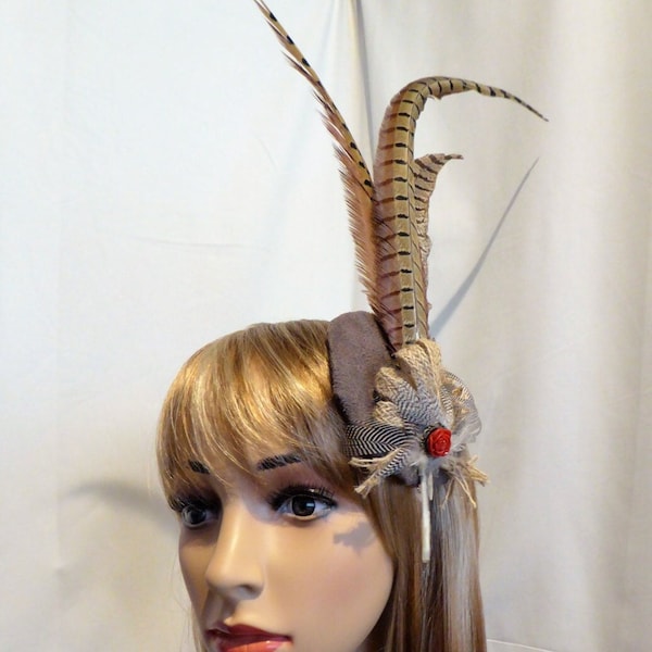 Brown suede Fascinator hat  Pheasant feather, Red decorative rose, Cheltenham races, Wedding fascinator Christening, Special occasion