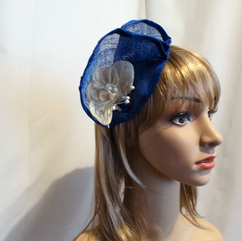 Royal Blue Fascinator Hat Royal Blue and Cream Pearls, Wedding