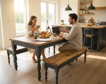 Farmhouse Turned Leg Straight Edge Dining Table - customisable