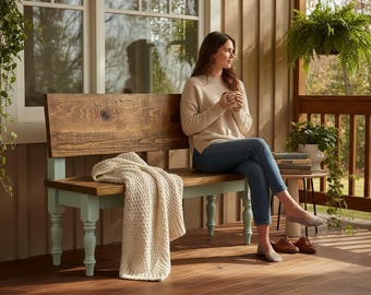 Rustic Wood Entryway Bench - Farmhouse Style Seating - Porch or Mudroom Bench