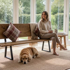 Industrial Wood Bench with Backrest – Steel Frame Legs image 1