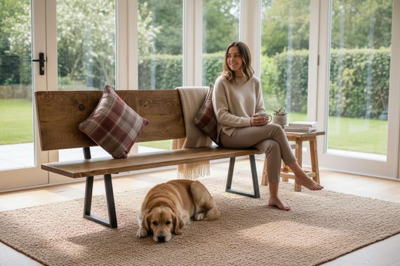 Industrial Wood Bench with Backrest – Steel Frame Legs