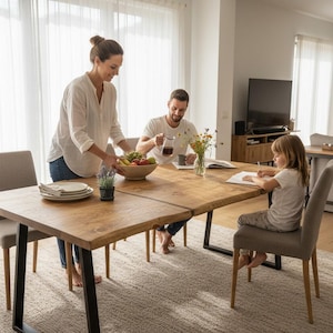 May include: A family is gathered around a large wooden dining table. A woman is placing a bowl of fruit on the table, while a man pours a drink. A young girl is seated, drawing. The table is made of light-coloured wood with black metal legs.