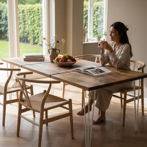 May include: A wooden dining table with a natural finish, surrounded by four light-coloured wooden chairs. A person is seated at the table, holding a cup. A bowl of fruit and a vase of flowers are on the table. The room has large windows.