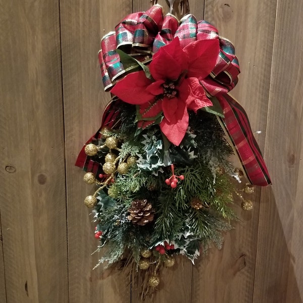 Winter Holiday Front Door Hanger, Christmas Seasonal Swag, Black Friday Wreath Sale, Poinsettia Wedding Decoration, Housewarming Gift Idea