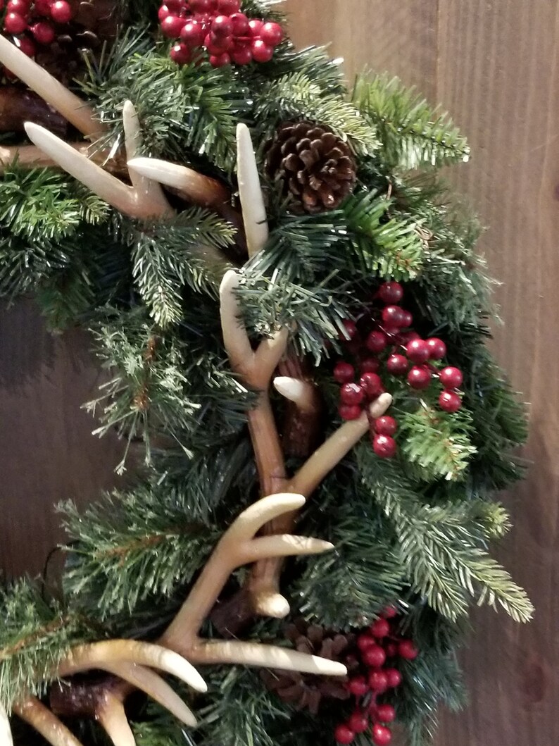 Pine Wreath Rustic Deer Antler Door Hanger Country Log Cabin Etsy