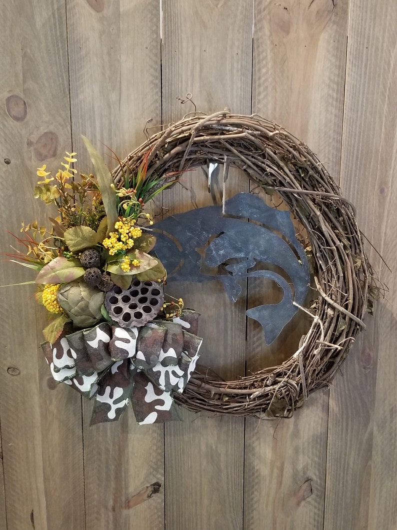 Bass Fish Wreath Rustic Country Front Door Hanger Lake House Image 0