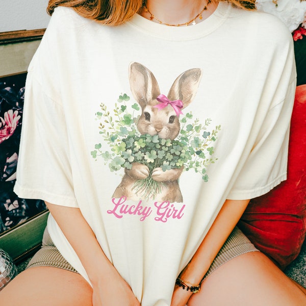 Coquette Shirt St Patrick’s Day, St Patricks Day Coquette Bunny, Springtime Bunny Shirt, Clovers, Lucky Girl, Coquette Clothing