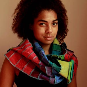 Rainbow scarf, 100% silk and linen, different types of silk, handdyed with eco-friendly dyes, handmade in Holland, free shipping