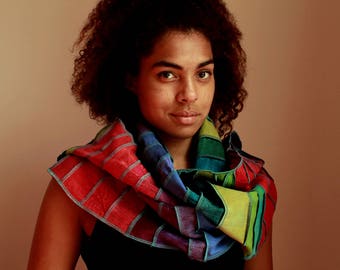 Rainbow scarf made with 100% silk and linen, different types of silk, handdyed with eco-friendly dyes, handmade in Holland, free shipping