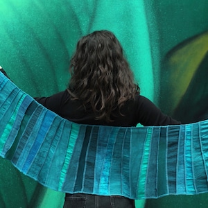 Silk scarf with some linen pieces - ECO-FRIENDLY DYES - Patchwork - blue-green-emerald-green - Hand dyed - Handmade in Holland by Liz & Joe