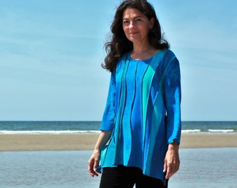 Liz & Joe viscose blouse, shades of turquoise, aqua, cobalt blue, meandering joints, handdyed, handmade, made in Holland, hippy chic