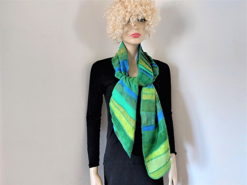 Liz & Joe silk scarf, Different kinds of silk and some linen, green-turquoise, Handyed with ECO-FRIENDLY DYES, Handmade in The Netherlands image 8