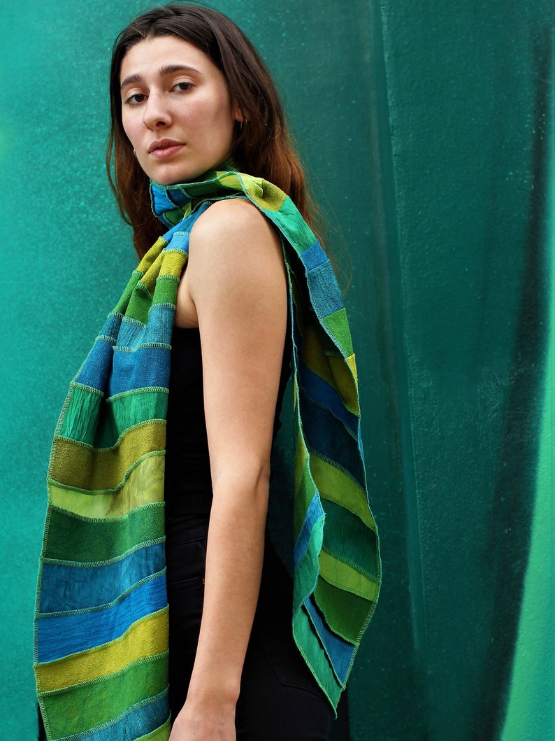 Liz & Joe silk scarf, Different kinds of silk and some linen, green-turquoise, Handyed with ECO-FRIENDLY DYES, Handmade in The Netherlands image 2