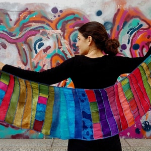 Liz & Joe scarf, Viscose, With strips of even smaller pieces, Rainbow colours, Patchwork sjaal, Handdyed and Handmade in Holland