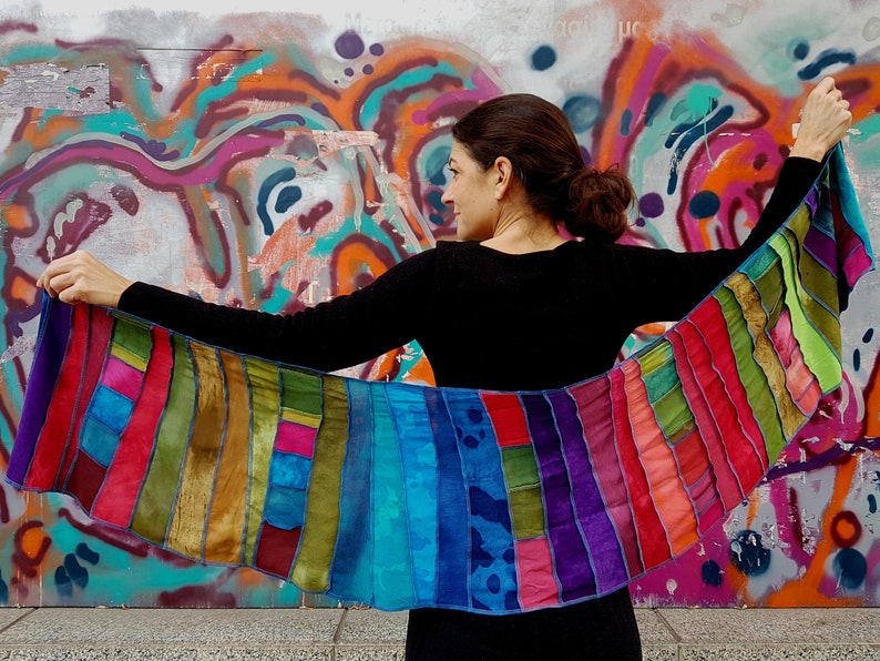Liz & Joe scarf, Viscose, With strips of even smaller pieces, Rainbow colours, Patchwork sjaal, Handdyed and Handmade in Holland