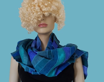 Silk scarf, ECO-FRIENDLY DYED, blue-green patchwork with some linen pieces, hand-dyed + handmade in Holland by Liz & Joe