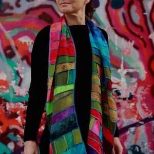Viscose scarf, With strips of even smaller pieces, Rainbow colors, Patchwork, Handdyed and Handmade in Holland, nice gift for women image 5
